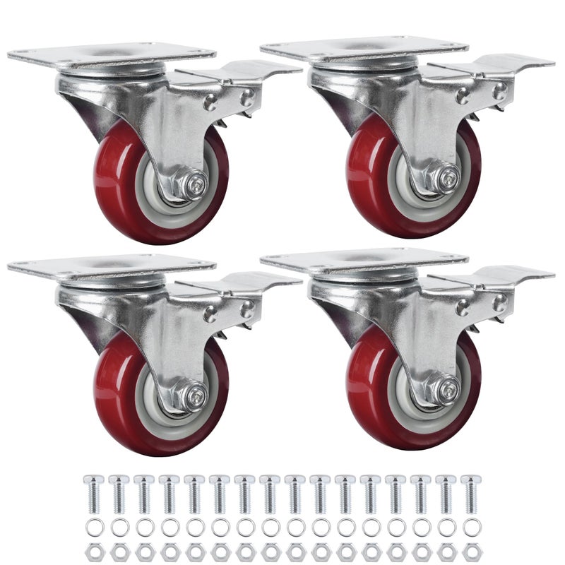 Finnhomy 3 Inch Caster Wheels Set of 4 with Brake Heavy Duty Plate Swivel Casters Premium Polyurethane Wheels PU Load Bearing 2,200 Lbs Lockable Anti-wear Smooth Casters Red - Image 1